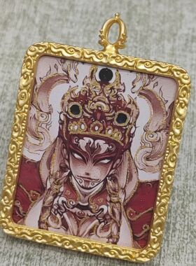 半手绘描金藏式唐卡随身吊坠大黑天黄财黑财项坠民族风嘎乌盒送绳