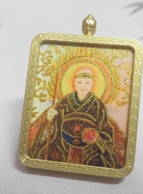 新款半手绘描金道家唐卡吊坠白鹤童子泰山奶奶赵公明项链九天玄女