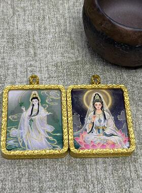 半手绘唐卡描金海南观音太极八卦款嘎乌盒唐卡半手绘观音项链坠