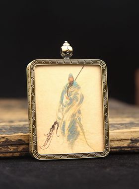 关公关老爷唐卡描金画像男士装饰品中式复古项链吊坠新款半手绘潮