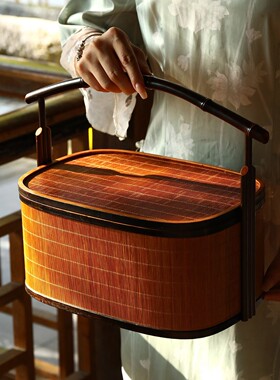 手提盒家用手工编织送餐带盖食盒