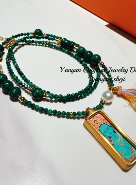 时尚百搭显白复古孔雀石米珠切割面唐卡绿度母吊坠项链精致女