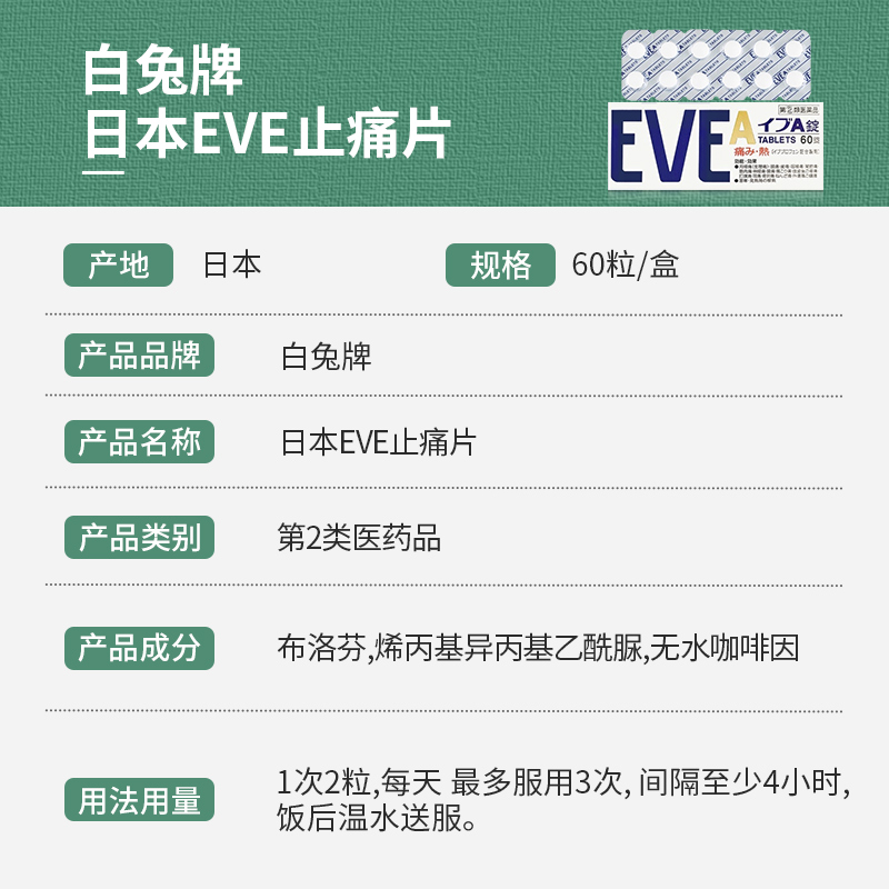 日本白兔制药eve止痛片缓解偏头痛牙疼快速止痛布洛芬口服片剂-图1