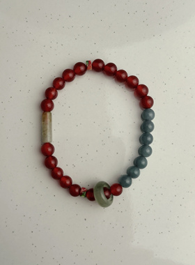 新中式复古国风天然红玛瑙蓝东陵和田玉跑环手串清冷天然石叠戴