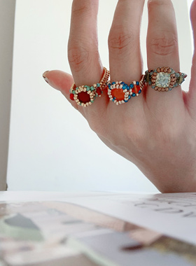 串珠戒指手工包钻天然石复古