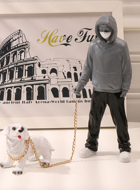 速发B潮ksy班克西男玩遛狗的潮人白色a流玩具艺术雕塑摆件