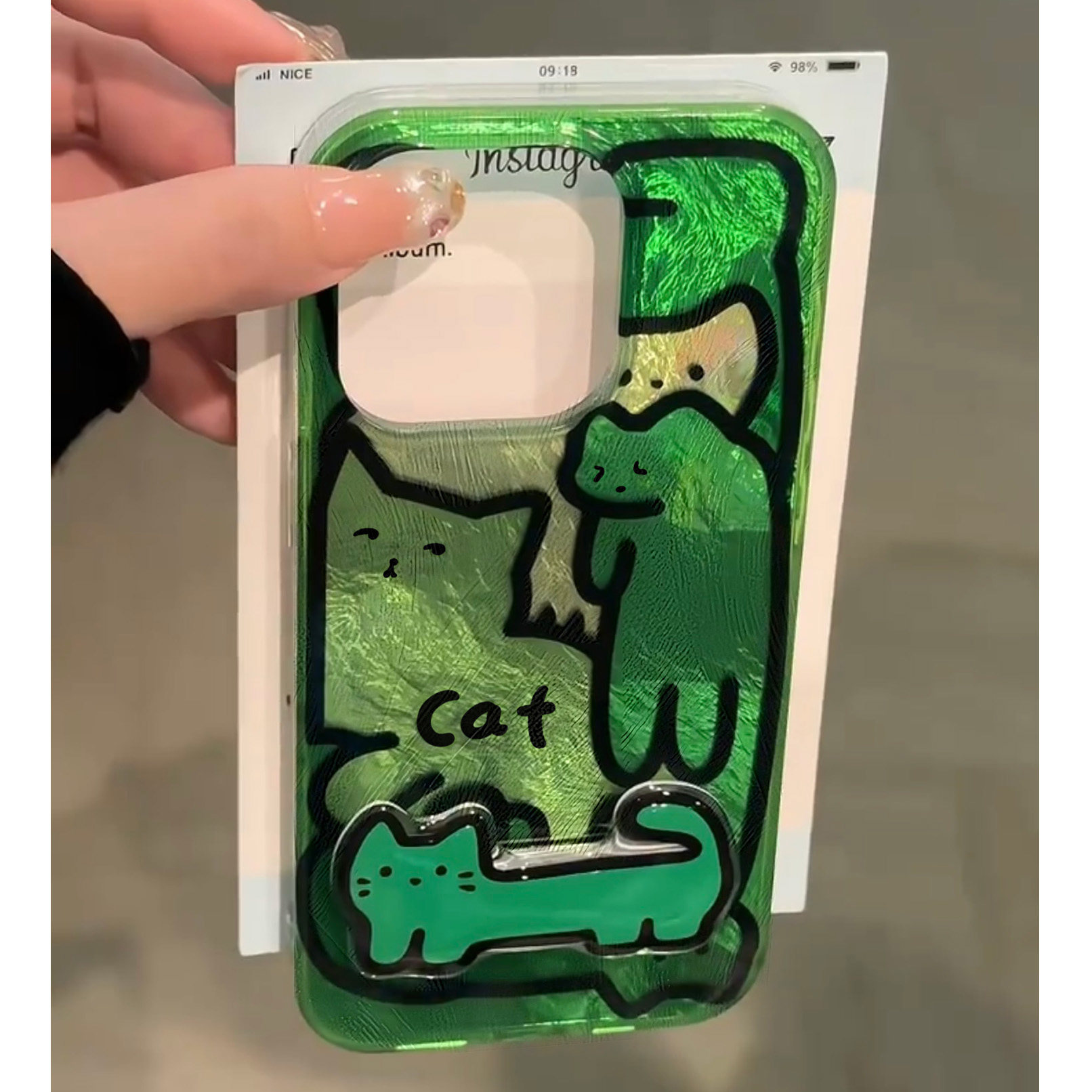 绿色搞怪黑线条猫咪折叠支架适用苹果15手机壳iPhone14promax新款13pro防摔12华为/荣耀/oppo/vivo/小米/iqoo