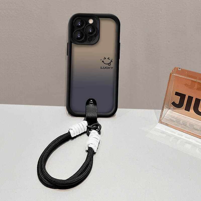 黑色渐变luck笑脸用苹果16promax手机壳华为mate60pro秋冬新款pura70高级OPPOReno12手链vivos19荣耀200/小米