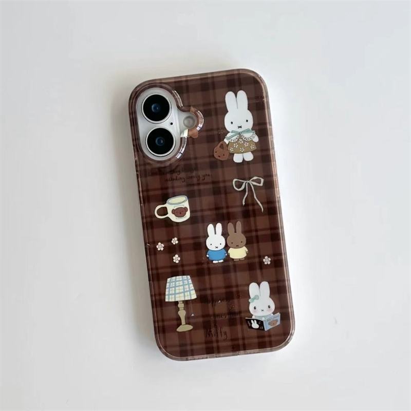 棕色格纹可爱米菲兔适用苹果17promax手机壳iPhone16新款15/13双层壳12华为P70荣耀400vivo小米14红米K80oppo - 图0