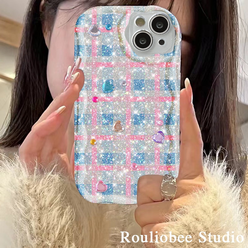 闪粉爱心彩钻格子适用苹果14promax手机壳iphone13新款13promax立体12女款14pro软硅胶11创意防摔xsmax手机套