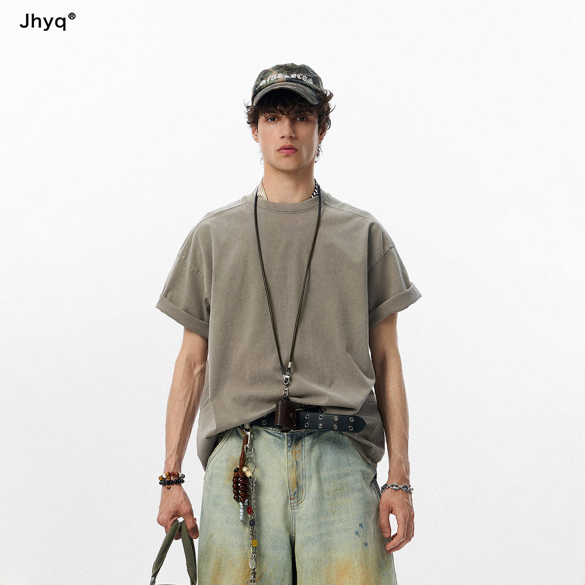 JHYQ美式复古简约基础版水洗字母印花短袖T恤夏宽松休闲体恤上衣