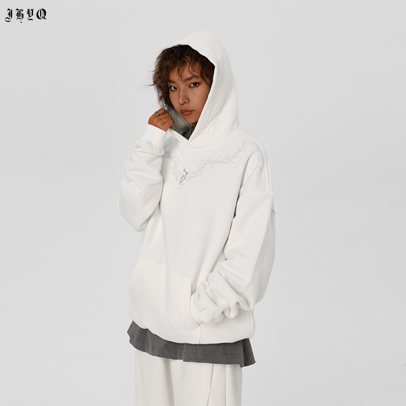 JHYQ春秋基础荆棘系列LOGO胶印360g连帽卫衣男宽松针织学生帽衫女