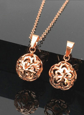 俄罗斯585紫金镂空花球吊坠时尚简约精美镀18K玫瑰金彩金女士项链