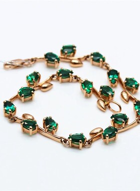 俄罗斯585紫金玫瑰金镶嵌绿石树叶手链饰品经典欧美潮流ins设计感