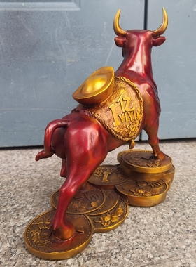 铜牛纯铜财号字金钱元宝回头金牛客厅大家居办公室桌面牛摆件
