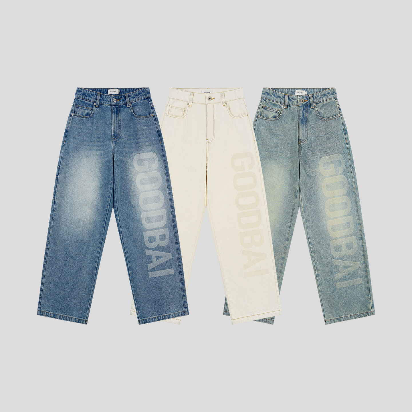 GOODBAI logo同色大印花经典直筒牛仔裤 - 图0