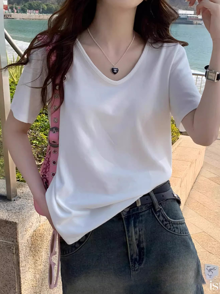 纯色t恤女2025新款v领白色短袖夏季正肩宽松遮肉露锁骨小个子上衣-图2