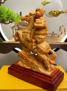 柏木雕生肖马摆件马上封