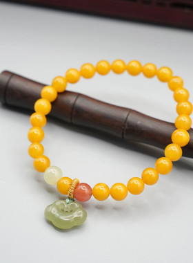 天然蜜蜡手串老蜜蜡圆珠和田玉如意锁吊坠南红配珠单圈手链