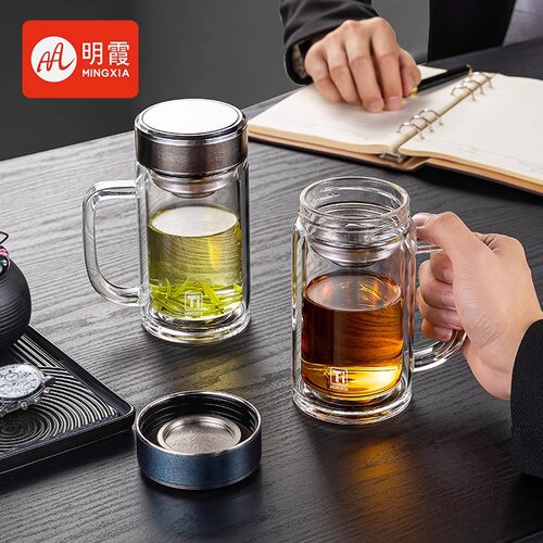 【精美礼盒】纯钛把手玻璃杯双层定制生肖男办公茶杯大容量水杯 - 图2