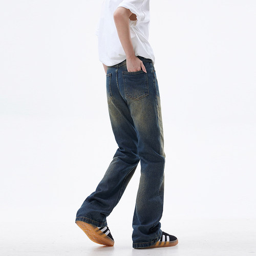 ZLAYCO美式高街复古设计感水洗做旧男女微喇直筒显瘦牛仔裤长裤 - 图3