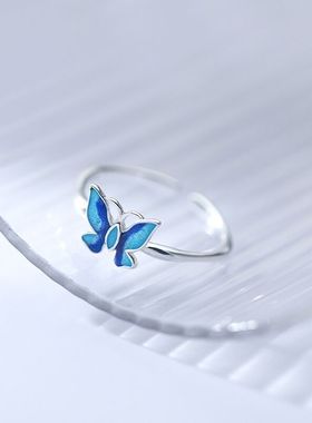 新品日韩系蓝色蝴蝶戒指女气质个性甜美仙气简约创意潮流手饰品戒