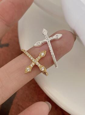 新品韩版简约几何十字架戒指女小众设计感ins网红风锆石开口指环