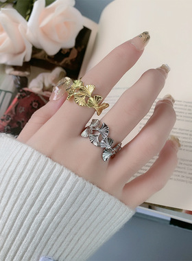 新款日韩小众时尚银杏叶开口戒指轻奢感秋冬气质高级感树叶指环