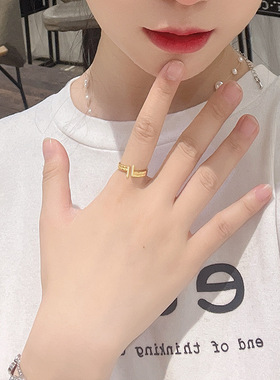 新款韩版时尚个性INS不规则双层双T戒指开口冷淡风几何光面指环