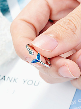 韩版甜美蓝色鱼尾戒指女时尚森系INS冷淡风滴胶锆石指环饰品0939