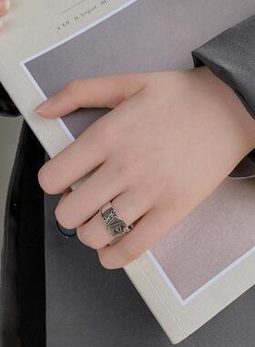 新款欧美风复古泰银爱心粉钻扑克戒指男女个性小众设计百搭指环戒