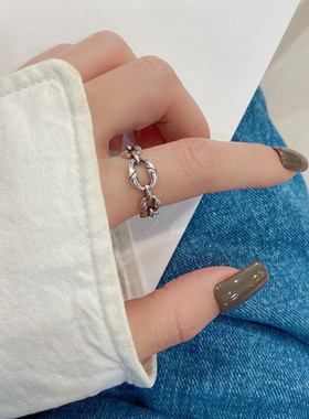 新款复古做旧镂空椭圆戒指时尚个性不规则冷淡风锁链开口手饰品