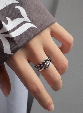 泰银做旧锁链戒指潮人创意复古双层链条编织指环韩版开口戒指0608