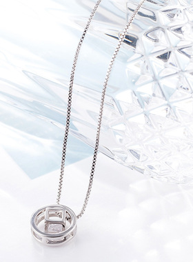 女士盒子链项饰魔方项链锆石吊坠一件代发韩版饰品生日礼物