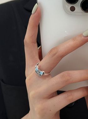 新款简约蓝色滴胶蝴蝶戒指甜美小清新ins冷淡风网红小众设计指环