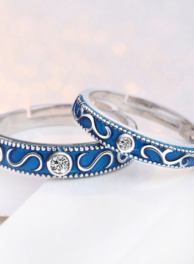 可调节情侣戒指 蓝色复古创意情侣对戒冷淡风小众设计ins潮指环戒