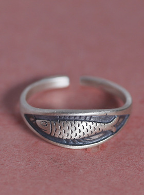 新品复古做旧锦鲤鱼男女款戒指开口可调节鱼飞升咸鱼翻身指环