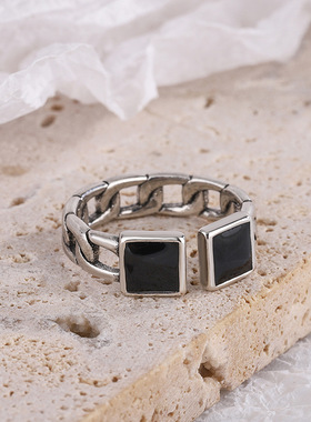 新品戒指女简约气质韩版方形链条锁链指环时尚个性复古泰银饰品戒