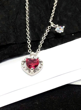 韩版个性红色爱心锁骨链女项链简约气质镶钻锆石心形吊坠项链饰品
