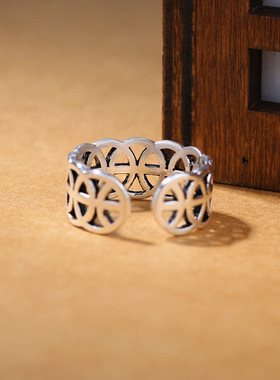 复古铜钱开口戒指简约时尚个性做旧泰银镂空金钱指环手饰品欧美戒