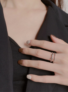 新品日韩风复古锁链双层蝴蝶结戒指女气质个性辣妹甜美开口指环戒