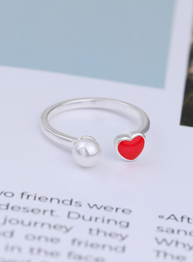 新款红色爱心珍珠戒指日韩潮流饰品可爱红色爱心开口戒指戒指戒指