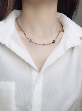 心形项链女简约气质复古笑脸爱心项链个性泰银微笑吊坠锁骨链饰品