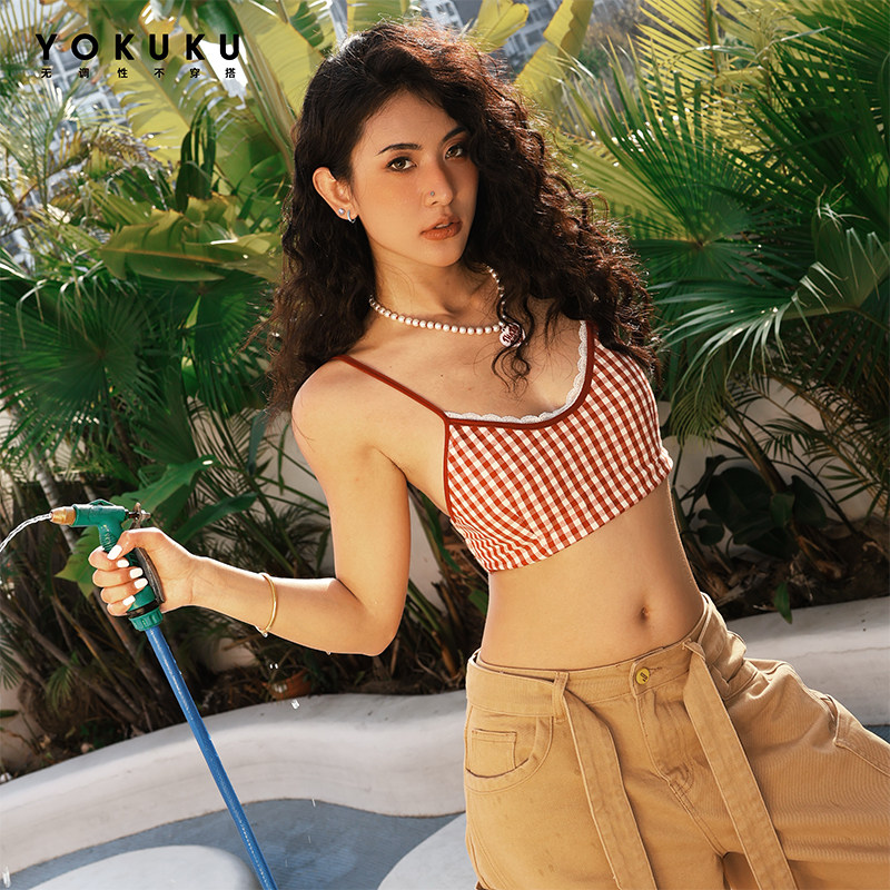 哟酷酷（北纬28度）美式复古格子上衣女一体杯吊带背心女蕾丝拼接,淘宝优惠券,粉丝福利购,淘宝优惠卷