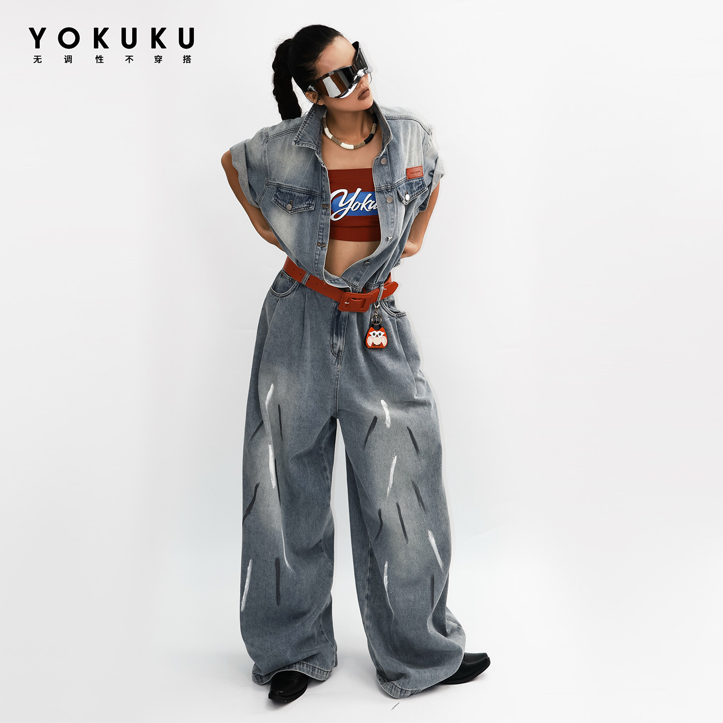 哟酷酷 做旧复古酷飒风牛仔连体衣裤女露腰显瘦个性工装牛仔裤女,淘宝优惠券,粉丝福利购,淘宝优惠卷