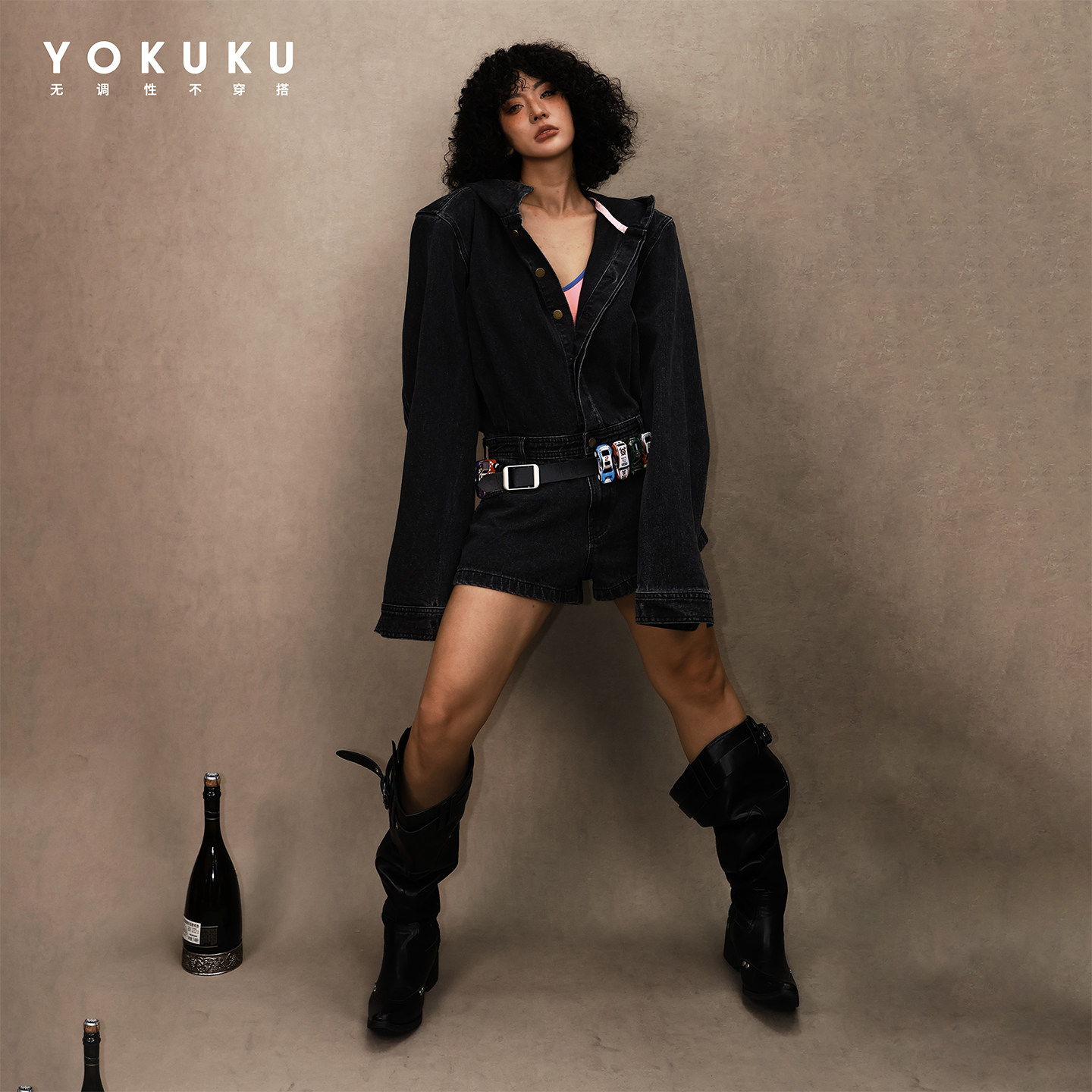 哟酷酷（羊城侦探）美式牛仔连体衣裤女连帽开衫显瘦卫衣短裤女,淘宝优惠券,粉丝福利购,淘宝优惠卷