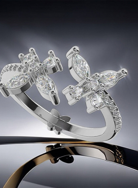 LUCKAJY蝴蝶戒指锆石开口可调节