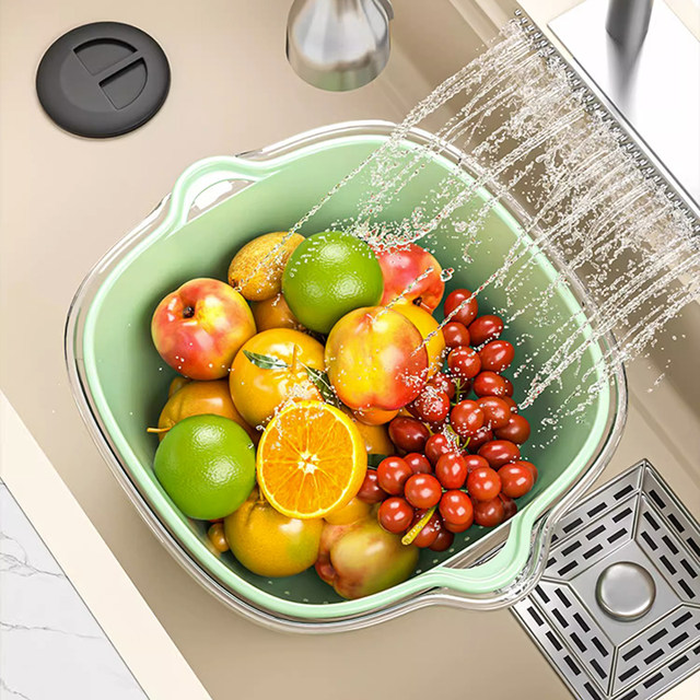 Double-layer vegetable wash basin drain basket six-piece set kitchen living room household fruit washing plate simple plastic vegetable basket