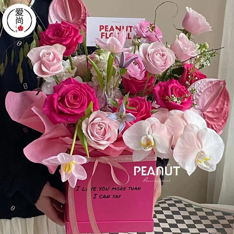 情人节新款触感皮纹方盒简约英文方形抱抱桶花艺插花礼盒包装纸盒,淘宝优惠券,粉丝福利购,淘宝优惠卷