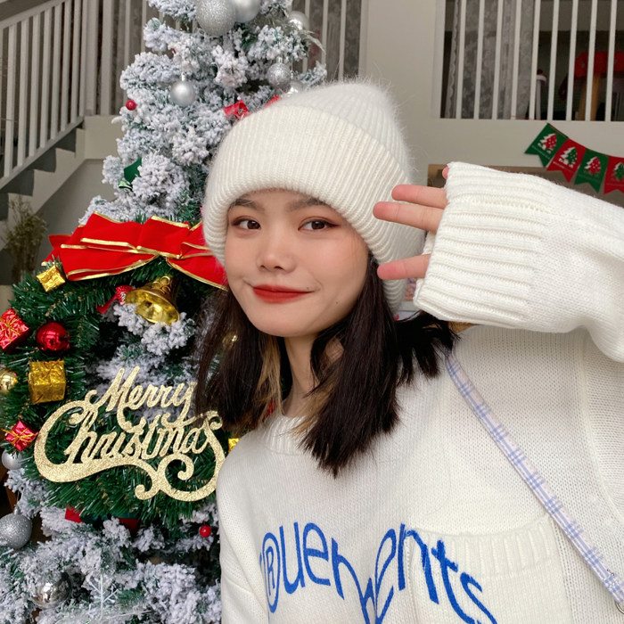 【兔毛】白色毛线帽子女潮韩国ins潮秋冬日系冷帽保暖套头针织帽